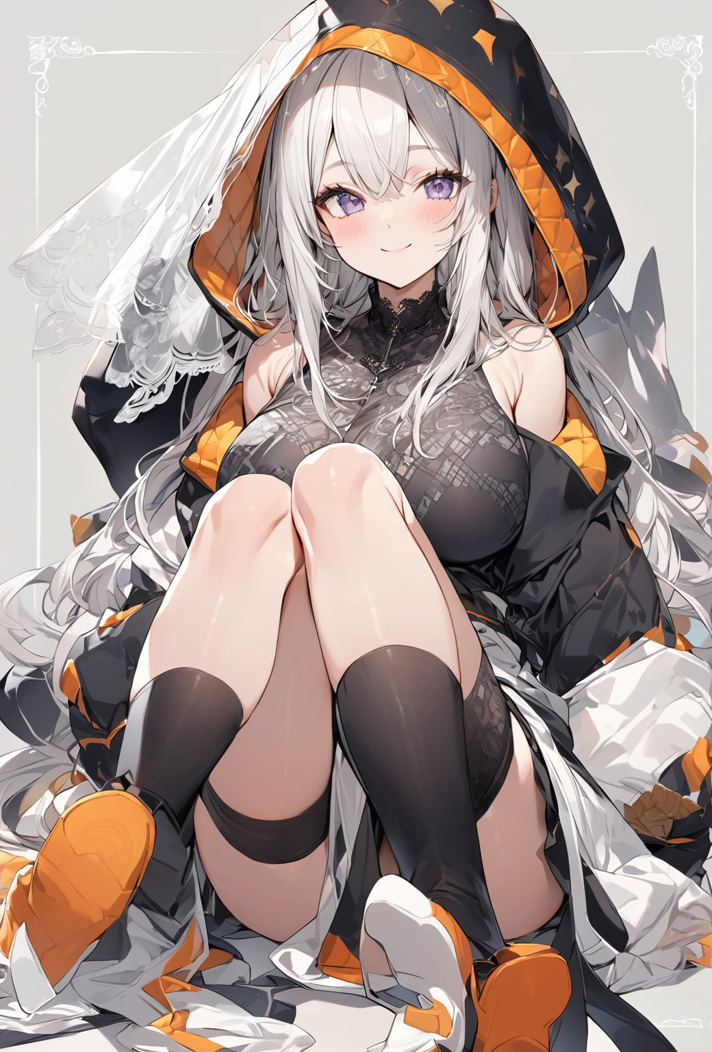 ((Highest quality)), ((masterpiece)), ((Very detailed)), (Very mature),A cute high school girl with a gentle look, white hair and about 165cm tall.,A female high school student with big breasts and a cute smile wearing a transparent black waifus with a cute patterned hood that shows off her shoulders, 顔が若干縦方向に長いbright笑顔の女性,Small Faced Woman,alone, Cute attitude,(background(bright),Long Hair - Straight,Knee-high socks、A transparent white veil with a cute pattern and a hood with white off-the-shoulders,White wall、Sitting、Facing the viewer、縁に模様がある壁が1面のbackground