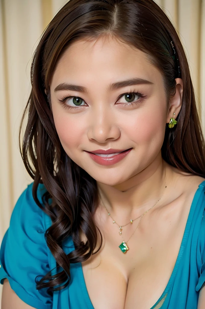 Ultra-high resolution, Superior Quality, highest quality, Very detailed, Realistic, 8k, RAW Photos, highest quality, masterpiece, Attractive girl, Awesome girl, Brown Hair,Wavy Hair、 Shoulder-length layers, Mesh Hair, Japanese Idols, ear piercing、stylish, blouse,smile、Beautiful teeth alignment. green eyes. Contact lens. Chubby cheek.