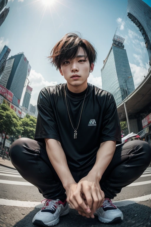 asian man sitting on the ground in front of a building, wideangle portrait, wide angle dynamic portrait, anime style mixed with fujifilm, wide - angle portrait, fisheye portrait, sitting in monas jakarta, indonesian streetwear, in the streets of jakarta, portrait of a indonesia teen, wearing japanese techwear, wide angle + masterpiece, shibuya shibuya looks like jungkook with a beautiful two block hair