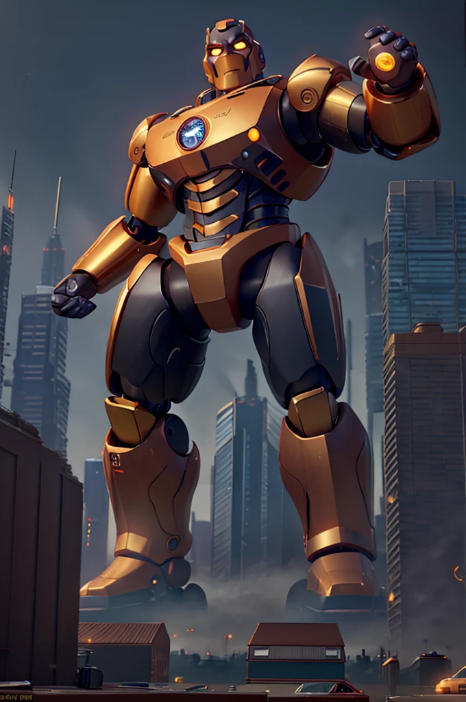 A massive gold robot, extremely detailed muscular body, robotic face with glowing eyes, towering over a modern city skyline, industrial cyberpunk background, dynamic action pose, cinematic lighting, vibrant colors, 8k, photorealistic, concept art style, dramatic composition