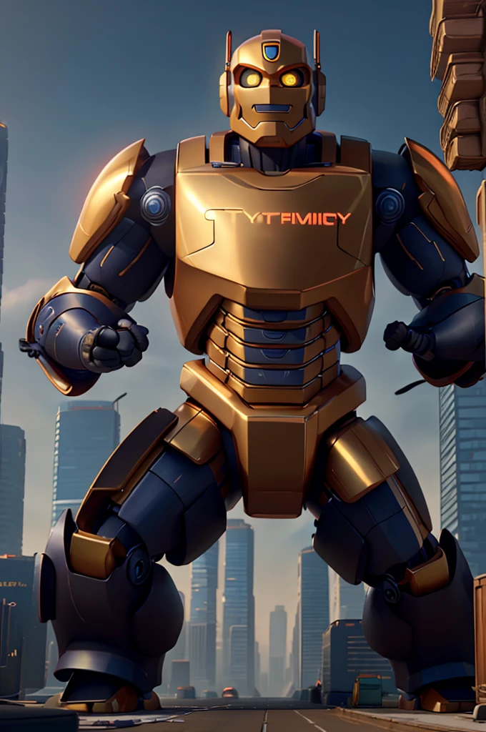 A massive gold robot, extremely detailed muscular body, robotic face with glowing eyes, towering over a modern city skyline, industrial cyberpunk background, dynamic action pose, cinematic lighting, vibrant colors, 8k, photorealistic, concept art style, dramatic composition