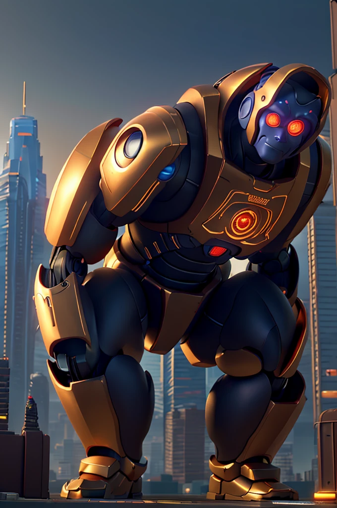 A massive gold robot, extremely detailed muscular body, robotic face with glowing eyes, towering over a modern city skyline, industrial cyberpunk background, dynamic action pose, cinematic lighting, vibrant colors, 8k, photorealistic, concept art style, dramatic composition