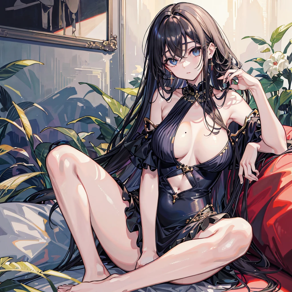 ((((absurdres, RAW photo, extremely delicate and beautiful, masterpiece, Best Quality, ultra high resolution, 32k, hyperrealistic, ultra-detailed)))), in her 20s, very Slim body, narrow waist, very small head, very small face, delicate facial features, beautiful face, beautiful eyes, ((very huge round tits)), medium hair, black hair, wavy hair, tearful mole, earring, full body shot, off-the-shoulder cut top, sofa,