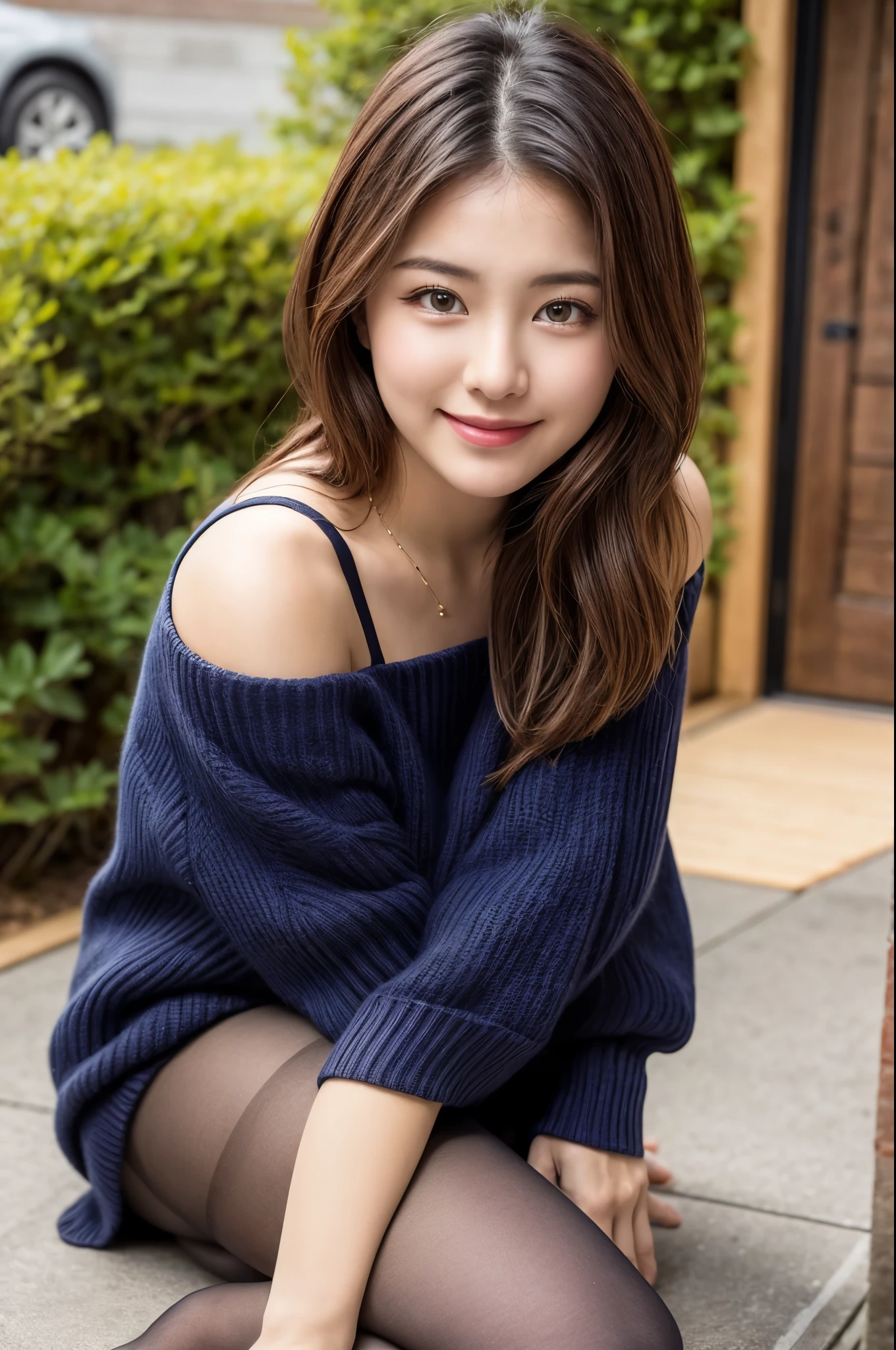 (((masterpiece))), (((Highest quality: 1.4))), ((Very detailed: 1.4)) , ulzzang-6500-v1.1, (RAW Photos:1.2), (Photorealistic), (Genuine:1.4), Sharp focus、Shot from the side、Off the shoulder、Realistic female college student wearing a cashmere knit dress、(Ultra-realistic pantyhose:1.3)、Neat and clean Japan woman, Japanese Goddess, short hair、Teasing Smile、Very seductive pose, Sexy pose, Bare thighs!!! pumps