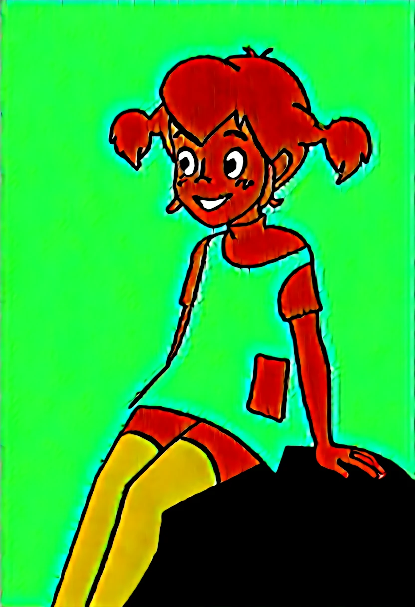score_8_up, BREAK, Pippi, 1girl, solo, red hair, short twintails, black eyes, freckles, green dress, yellow overalls, thighhighs, mismatched legwear, multicolored legwear, on right leg green legwear, on left leg orange legwear , asymmetrical legwear, forest, blurry background, sitting on rock, smiling,