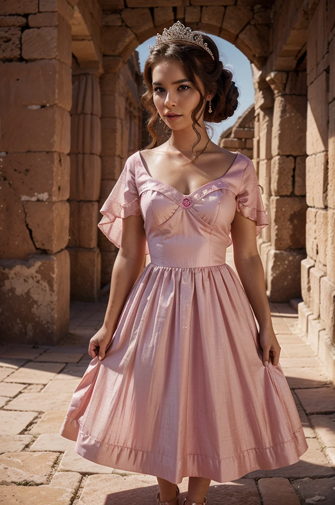 illustrate a beautiful princess wearing a pink dress and equipment with a backdrop of ancient times and a majestic Kingdom