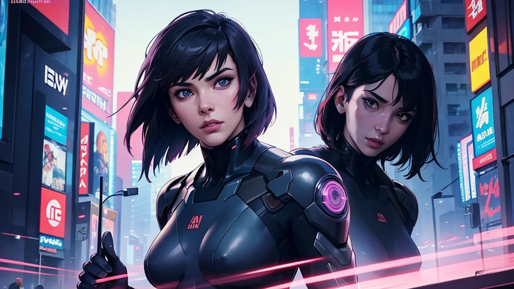 (masterpiece), (best quality), (very detailed), ((1 woman)), (cyberpunk), future city background, ((ghost in the shell)), detailed eyes, Detailed nose, Detailed lips, perfect face, perfect body, revealing combat suit, Side face and upper body expression, Place a small person on the left side of the picture, movie poster, landscape