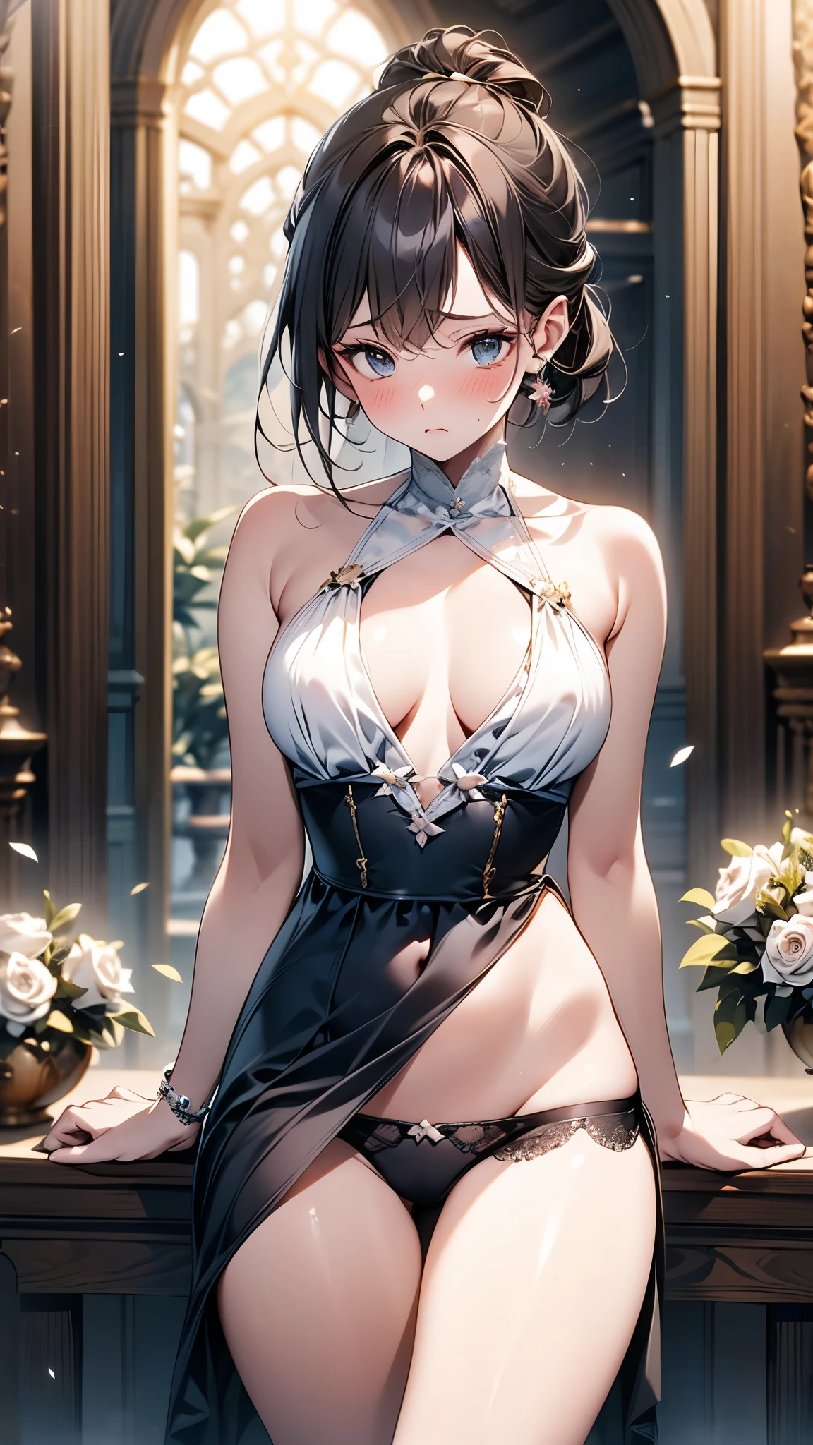 (1 person、alone:1.1), Beautiful woman, Anatomically perfect body, Slender、(Lace top tunic、No sleeve、Halter neck、Long skirt),  (Look down), (detailed panty), (Pussy juice:1.1)、22 years old、(Highest quality)、Black Hair, (half updo:1.2), Party Venue、(8K, High resolution)、(shy:1.4)、Thin legs、Inner thighs、(steam:1.1), (embarrassed:1.3), High heels、High definition beautiful face、wide shot