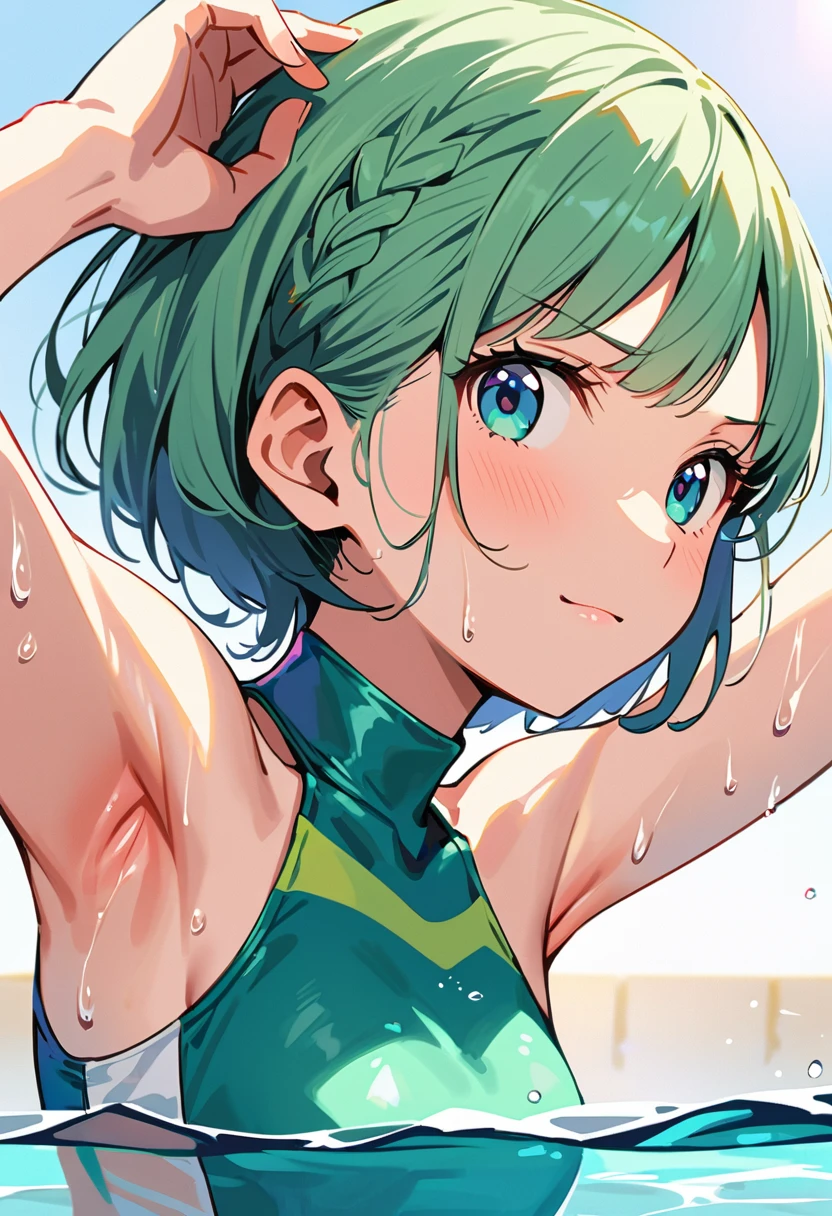 Highest quality、High resolution、Detailed Background、(Beautiful face in every detail:1.4)、Anatomically correct、(Detailed facial expressions)、(fine grain:1.2)、age Beauty、Cute hair color、Braided bob cut、One girl, ((Primary school students)), Junior competitive swimmer, ((Turtleneck one piece swimsuit)), Simple design without patterns, Clear metallic green swimsuit, Small breasts、Perfect body line、 Portrait, ((Close-up of the mouth)), View your viewers, Outdoor swimming pool, From the side, Partially submerged, Wet Skin, A quiet smile with closed mouth, (armpit), Hands do not hold anything