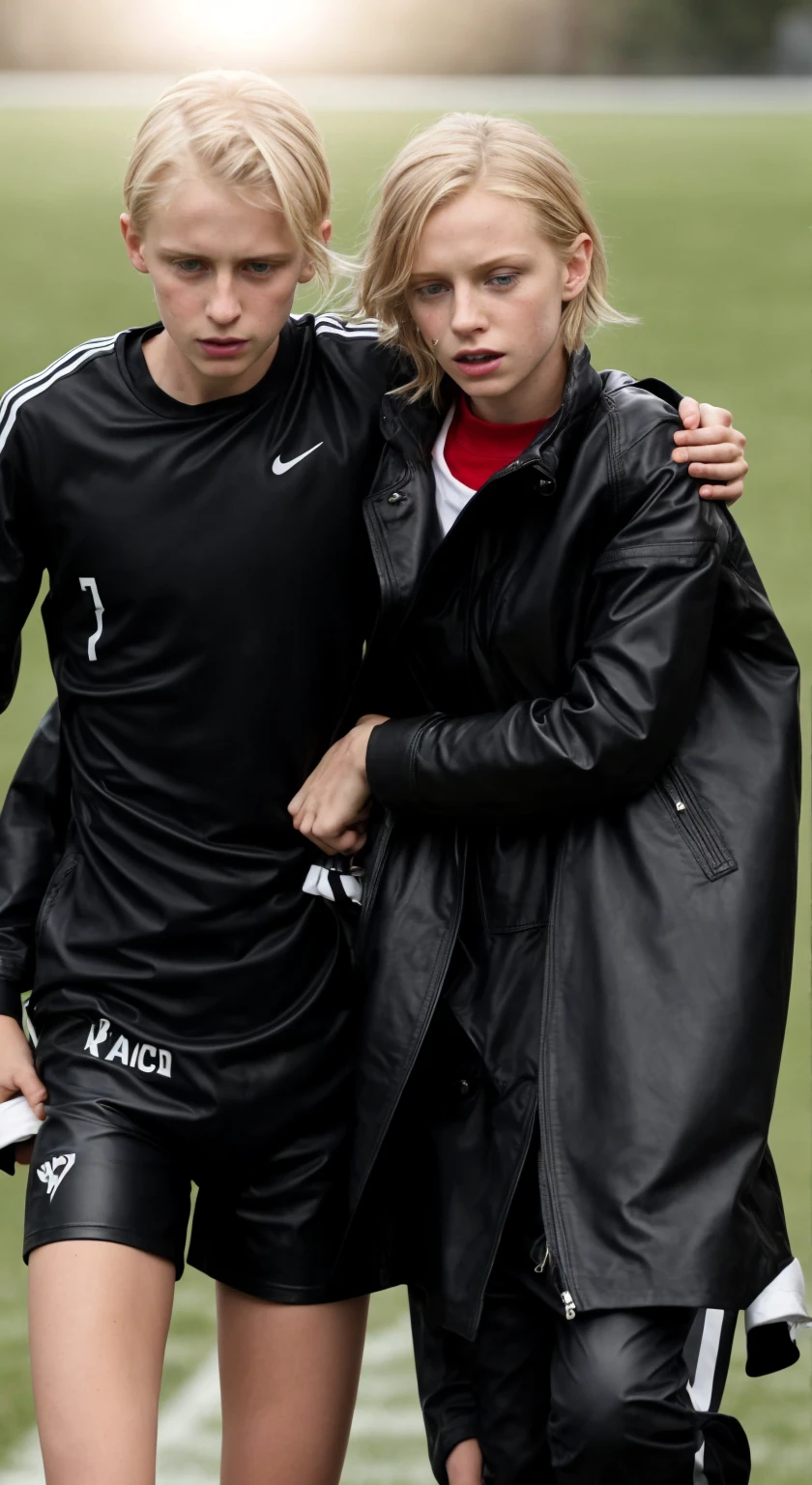 an injured soccer player needs support, a blond woman supports an injured soccer player in walking, he is really collapsing with pain, he is really fainting, she is holding him up, he is hanging on her shoulder, they are standing very close together, his hand is lying on her shoulder, arm-in-arm, she has her hand around his waist, she is wearing shiny leather pants, she is grabbing his waist, a man in a white tanktop, a shorthaired blond man, a girl in shiny leather pants, a shorthaired blond man in a white tanktop, a brownhaired woman with a very desperate facial expression, a brownhaired woman in a high shine blue and red nylon-coat, there is a young couple standing arm-in-arm, there is a brownhaired attractive woman wearing a high-shine nylon-coat, a wetlook nylon-coat, a brownhaired woman is crying with sorrow, a brownhaired woman is holding an injured shorthaired boy, there is a boy in jeans and tanktop hugging a brownhaired woman that is wearing a very shiny padded laquered coat, a shorthaired blond boy has a painful face and cannot walk, there is a brownhaired girl giving support to an injured shorthaired boy, a wounded blond and shorthaired boy cannot walk and has to be supported by a girl, he grabs her shoulder, he has his arm around her shoulder, his hand is on her shouder, a sad looking girl ia carrying a wounded boy, masterpiece, jeans, boy in a white cotton tanktop, super detailed background, detailed face, brown eyes, crying out, tears, desperation, pain, agony, accident pose, dramatic suffering pose, hands detailed hands