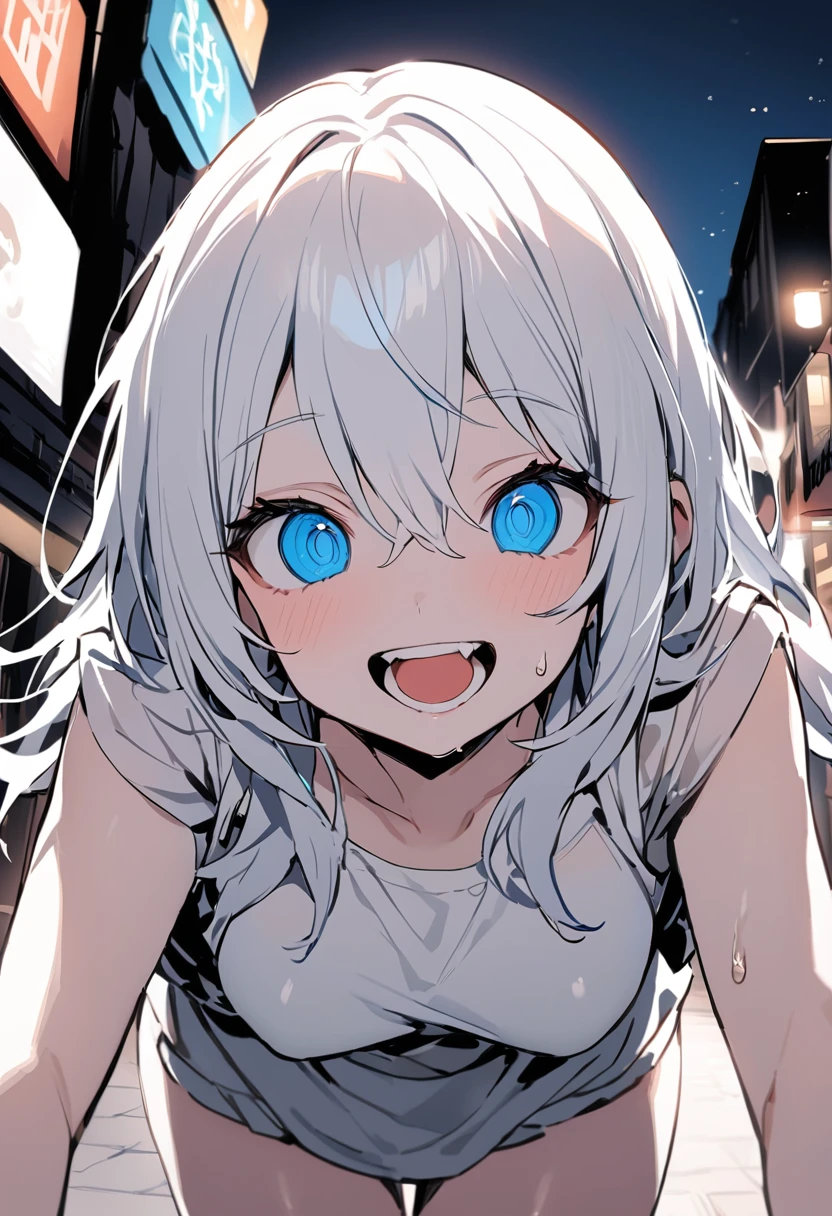 (masterpiece:1.2)、Highest quality、PIXIV、Rebellious girl、One girl、Open your mouth、鋭いteeth、teeth、Long Hair、Street background、Bright blue eyes、Upper Body、smile、Focus on the viewer、Chest in the center、Shoulder Bare、Belly button、Black and white hair color,leaning forward,Night view,Black and Whiteグレーの服装,Overflowing drool、saliva、White Breath、Sigh,Pull your mouth with your fingers、An excited look、Long, narrow eyes,fallatio,Black and White
