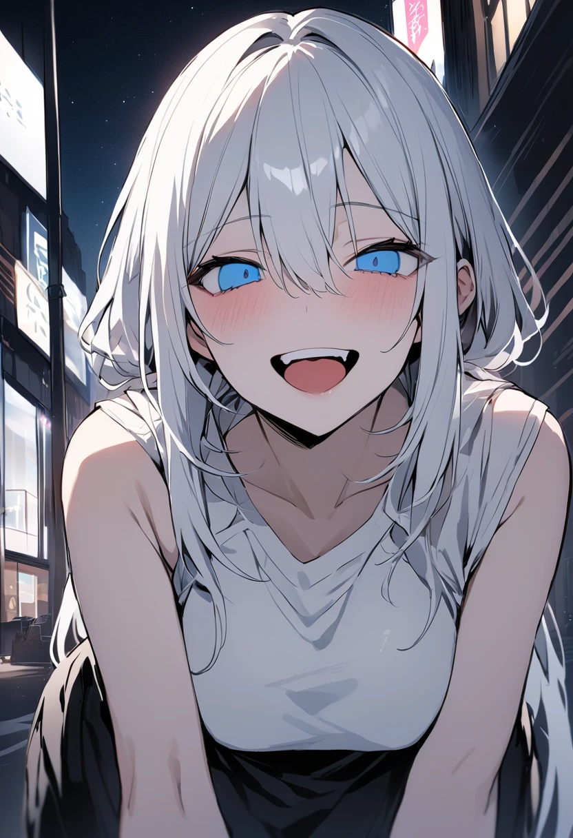 (masterpiece:1.2)、Highest quality、PIXIV、Rebellious girl、One girl、Open your mouth、鋭いteeth、teeth、Long Hair、Street background、Bright blue eyes、Upper Body、smile、Focus on the viewer、Chest in the center、Shoulder Bare、Belly button、Black and white hair color,leaning forward,Night view,Black and Whiteグレーの服装,Overflowing drool、saliva、White Breath、Sigh,Pull your mouth with your fingers、An excited look、Long, narrow eyes,fallatio,Black and White