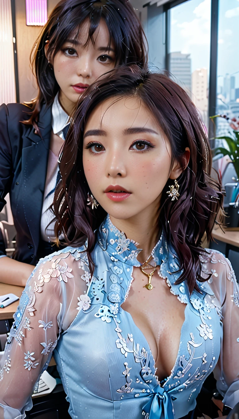 Ultra-high-resolution 8K portrait of a hyper-realistic J-POP styled office scene with beautiful women, one saying 'let's discuss this after the break' and then forgetting about it, extremely detailed, cinematic composition, trending on ArtStation