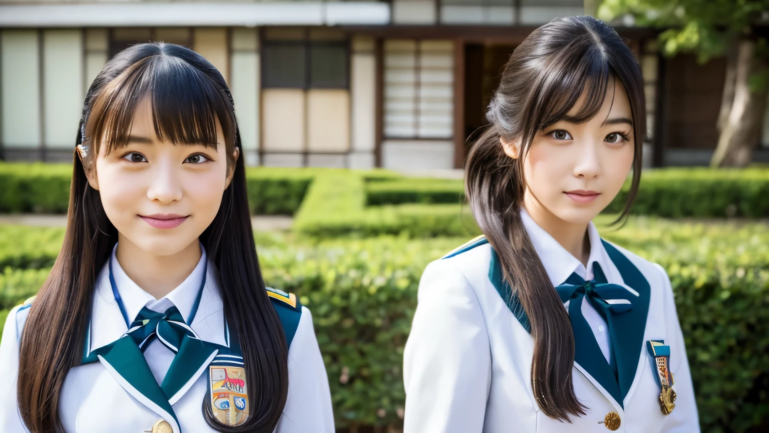 ((Highest quality)), ((masterpiece)), (detailed), Two Japanese Girls, sexy,uniform,Facing each other,Our faces are about to stick together,corridor