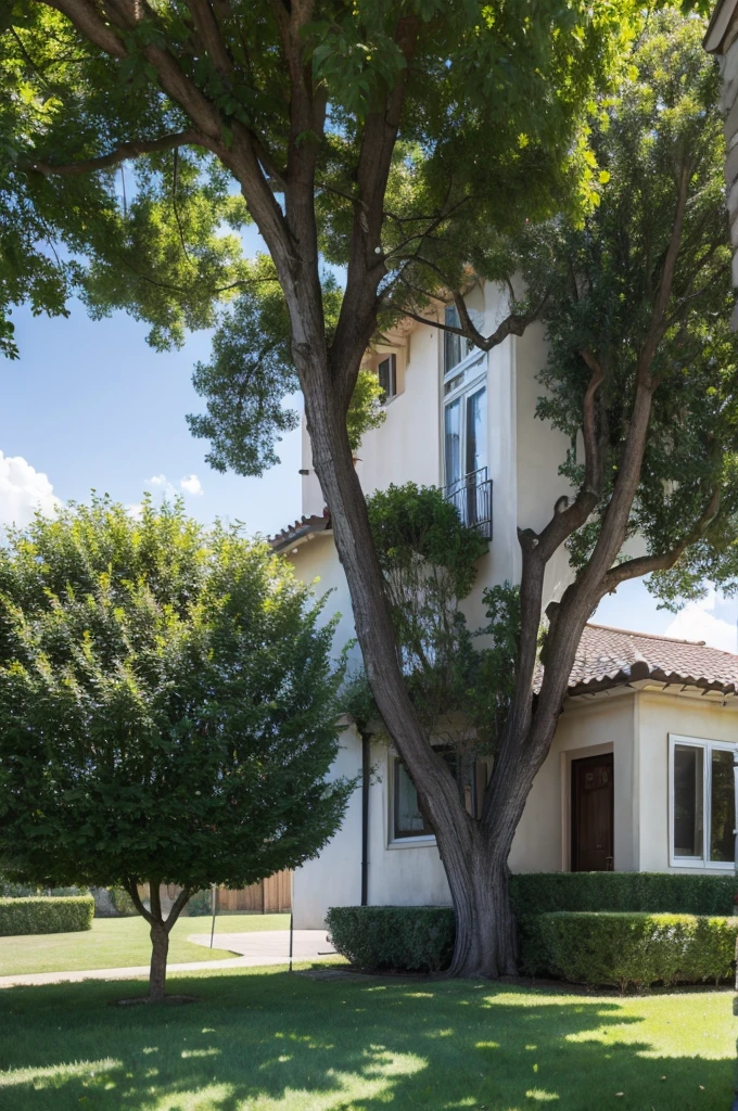 House with windows behind a big tree