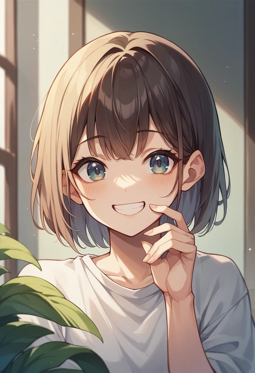 Illustration of a girl、Black Bob、Bangs、The mouth is almost smiling.、A hand-drawn illustration of going out for about a minute