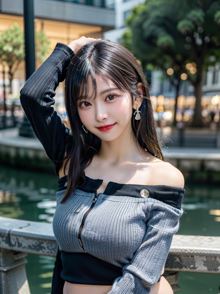 最high quality, Tabletop, High resolution, One Girl, Beautiful Face,smile,
Tyndall effect,
realism, dark, Edge lighting, Two-tone lighting, (Skin with attention to detail: 1.2),
8K UHD, Digital SLR, Soft Light, high quality, Volumetric lighting, photograph, High resolution4K, 8K,
(Beautiful idol),(Black surgical mouth mask:1.3),
Upturned eyes, Straight nose, Small face,Sharp features,Big eyes,(blush:1.4),
Detailed Background,(In public parks:1.4),
break
(Underarm,show an Underarm,Place your arms behind your head,Underarmショー:1.5),(light black hair:1.5),(Chignon Hair:1.3),(Large Breasts,Plump thighs:1.3),
(Cowboy Shot,Wide Shot:1.3),
(Long sleeve T-shirt,belly button,Off the shoulder,Rings Earrings:1.4)