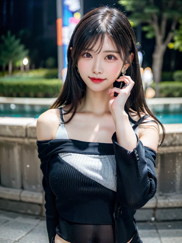 最high quality, Tabletop, High resolution, One Girl, Beautiful Face,smile,
Tyndall effect,
realism, dark, Edge lighting, Two-tone lighting, (Skin with attention to detail: 1.2),
8K UHD, Digital SLR, Soft Light, high quality, Volumetric lighting, photograph, High resolution4K, 8K,
(Beautiful idol),(Black surgical mouth mask:1.3),
Upturned eyes, Straight nose, Small face,Sharp features,Big eyes,(blush:1.4),
Detailed Background,(In public parks:1.4),
break
(Underarm,show an Underarm,Place your arms behind your head,Underarmショー:1.5),(light black hair:1.5),(Chignon Hair:1.3),(Large Breasts,Plump thighs:1.3),
(Cowboy Shot,Wide Shot:1.3),
(Long sleeve T-shirt,belly button,Off the shoulder,Rings Earrings:1.4)