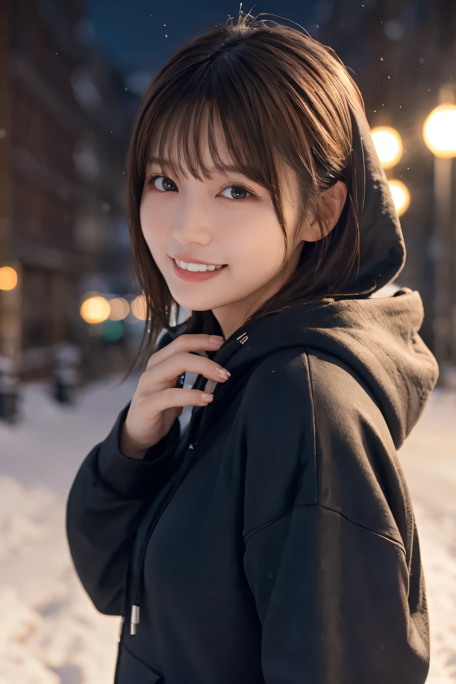 1 Girl, (Wear a black hoodie:1.2), (RAW Photos, highest qualthaty), (Realistic, Realistic:1.4), Tabletop, Very delicate and beautiful, Very detailed, 2k wallpaper, wonderful, finely, Very detailed CG Unthaty 8K wallpaper, Very detailed, High resolution, Soft Light, Beautiful detailed girl, Very detailed目と顔, Beautiful and sophisticated nose, Finely beautiful eyes, Cinema Lighting, Illuminations that light up the cthaty on a snowy night, Snow Scene, that&#39;that&#39;that&#39;it&#39;s snowing, Snow fell in my hair, Perfect Anatomy, Slender body, Was nervous, 
Straight semi-long hair, bangs, Looking at the audience, smile、Fluffy scarf、On the bed、pajamas