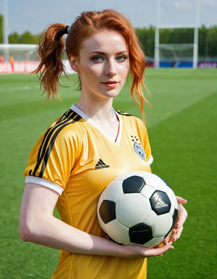 Photography full body picture of a very beautiful realistic girl,stands on the football field, with a soccer ball, porcelain skin, very light skin, very pale skin, redhead, wavy, pony tail, Detail of skin structure, hazel eyes, Slit eyes, small-nose, small nostril, think of arched eyebrows, thick lower lip, happy face, unique face, Wear a football jersey germany, foto realista, Masterpiece Image, sharp image, clear daylight outside