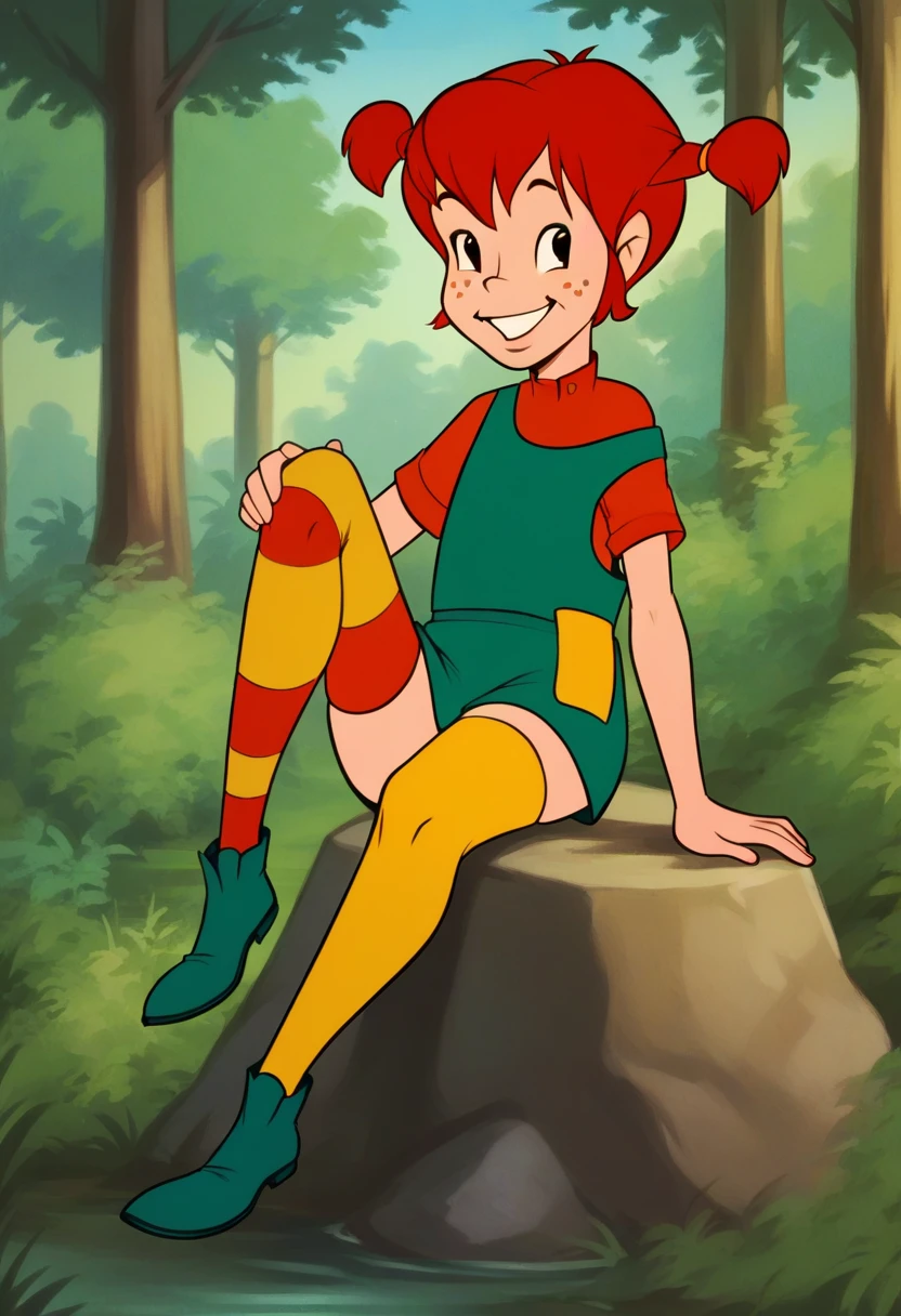score_8_up, BREAK, Pippi, 1girl, solo, red hair, short twintails, black eyes, freckles, green dress, yellow overalls, thighhighs, mismatched legwear, multicolored legwear, on right leg green legwear, on left leg orange legwear , asymmetrical legwear, forest, blurry background, sitting on rock, smiling,