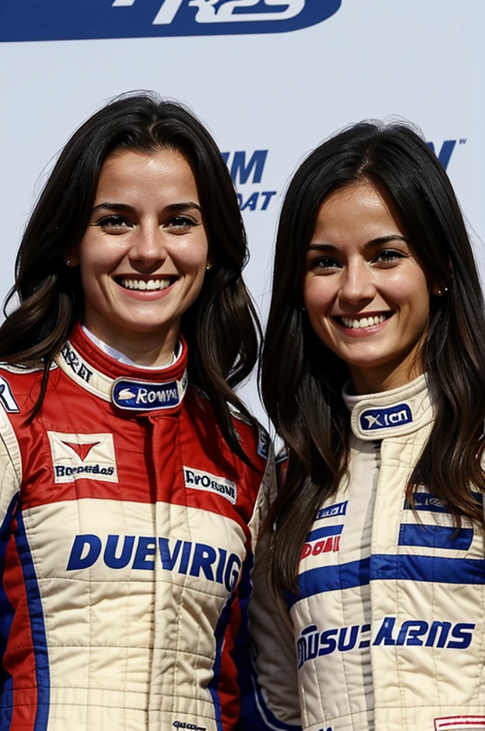 Two girls of 25 and 26 years. They are both racing drivers.
They are smirking at each other on the podium.