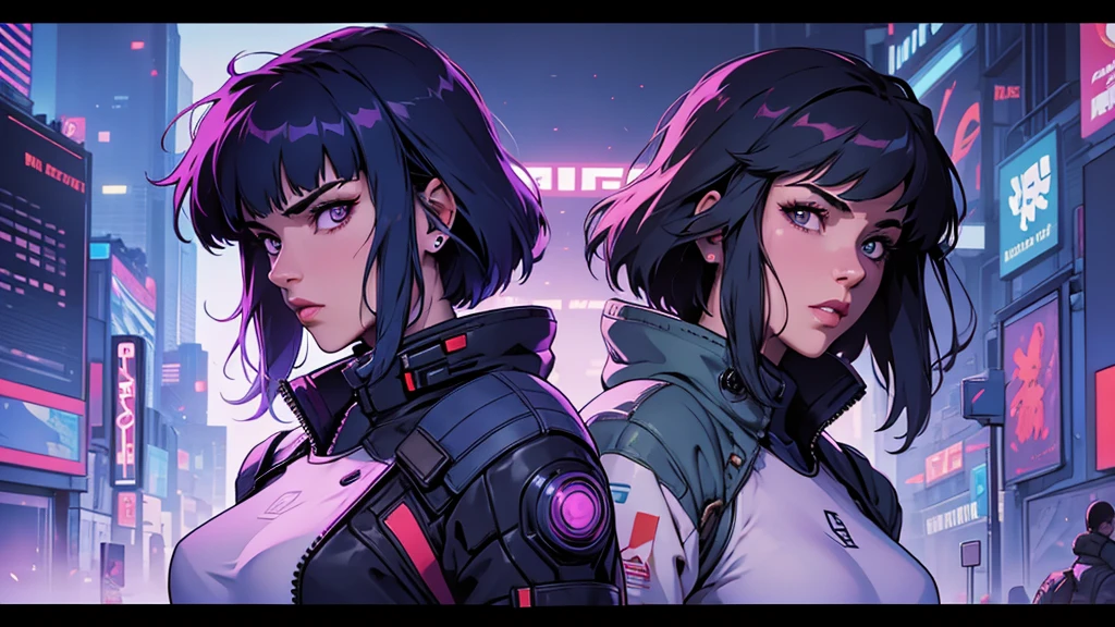(masterpiece), (best quality), (very detailed), ((1 woman)), (cyberpunk), future city background, ((ghost in the shell)), detailed eyes, Detailed nose, Detailed lips, perfect face, perfect body, revealing combat suit, Side face and upper body expression, Place a small person on the left side of the picture, movie poster, landscape