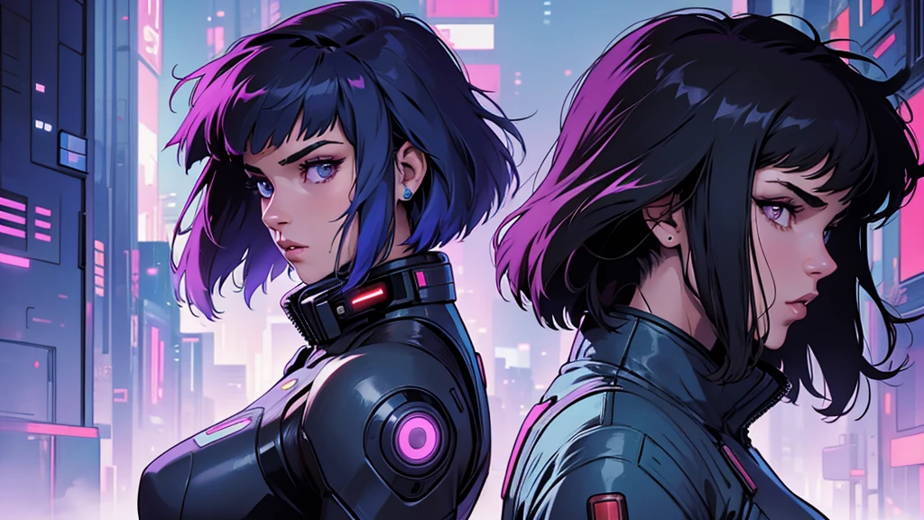 (masterpiece), (best quality), (very detailed), ((1 woman)), (cyberpunk), future city background, ((ghost in the shell)), detailed eyes, Detailed nose, Detailed lips, perfect face, perfect body, revealing combat suit, Side face and upper body expression, Place a small person on the left side of the picture, movie poster, landscape
