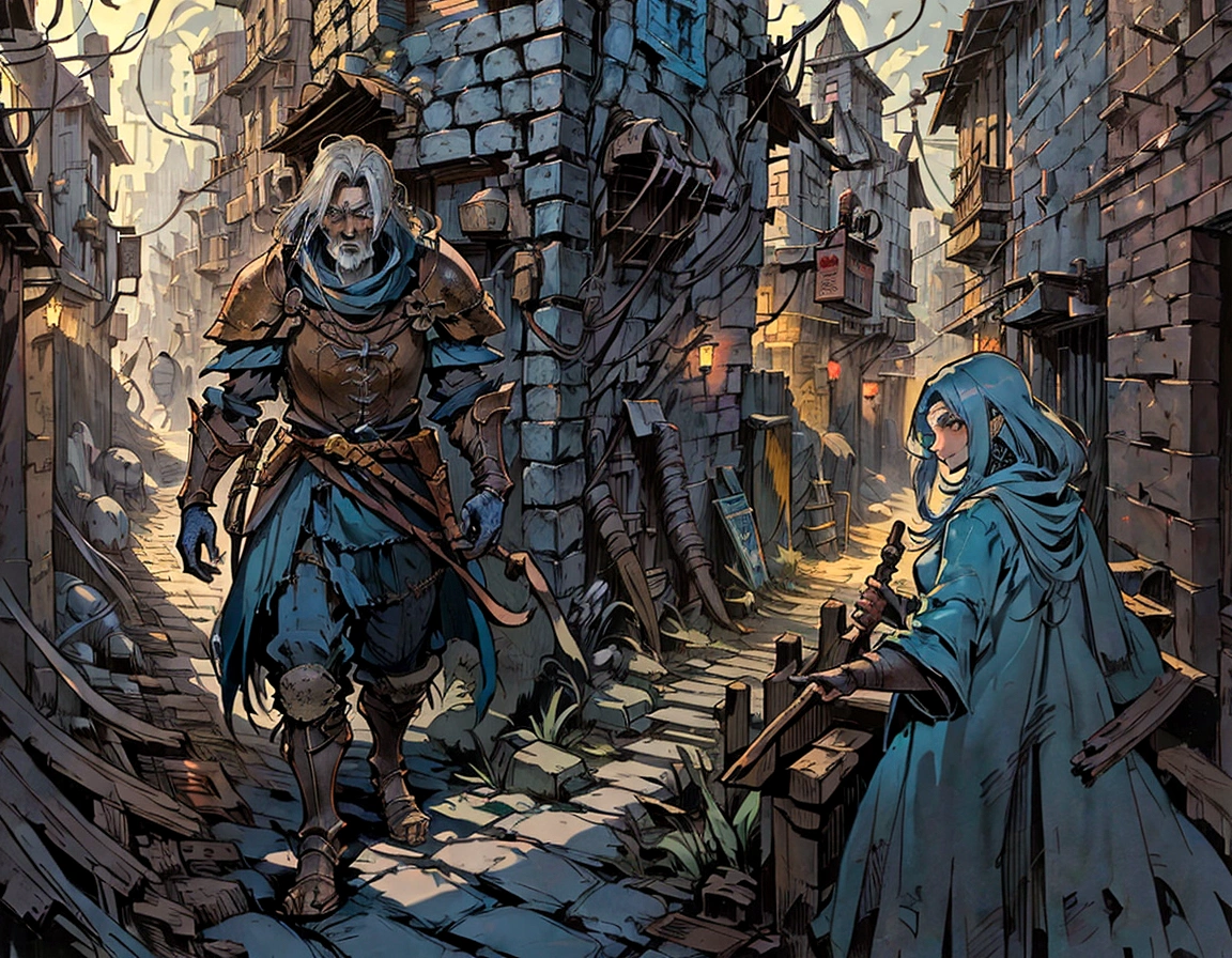 there is a man standing in a narrow alley with a building in the background, medieval concept art, medieval fantasy game art, painterly concept art, concept art scene, the streets of baldur's gate, illustration concept art, by Aleksander Gine, ancient city streets behind her, beautiful concept art, medieval town, by Zhou Chen, environment and concept art