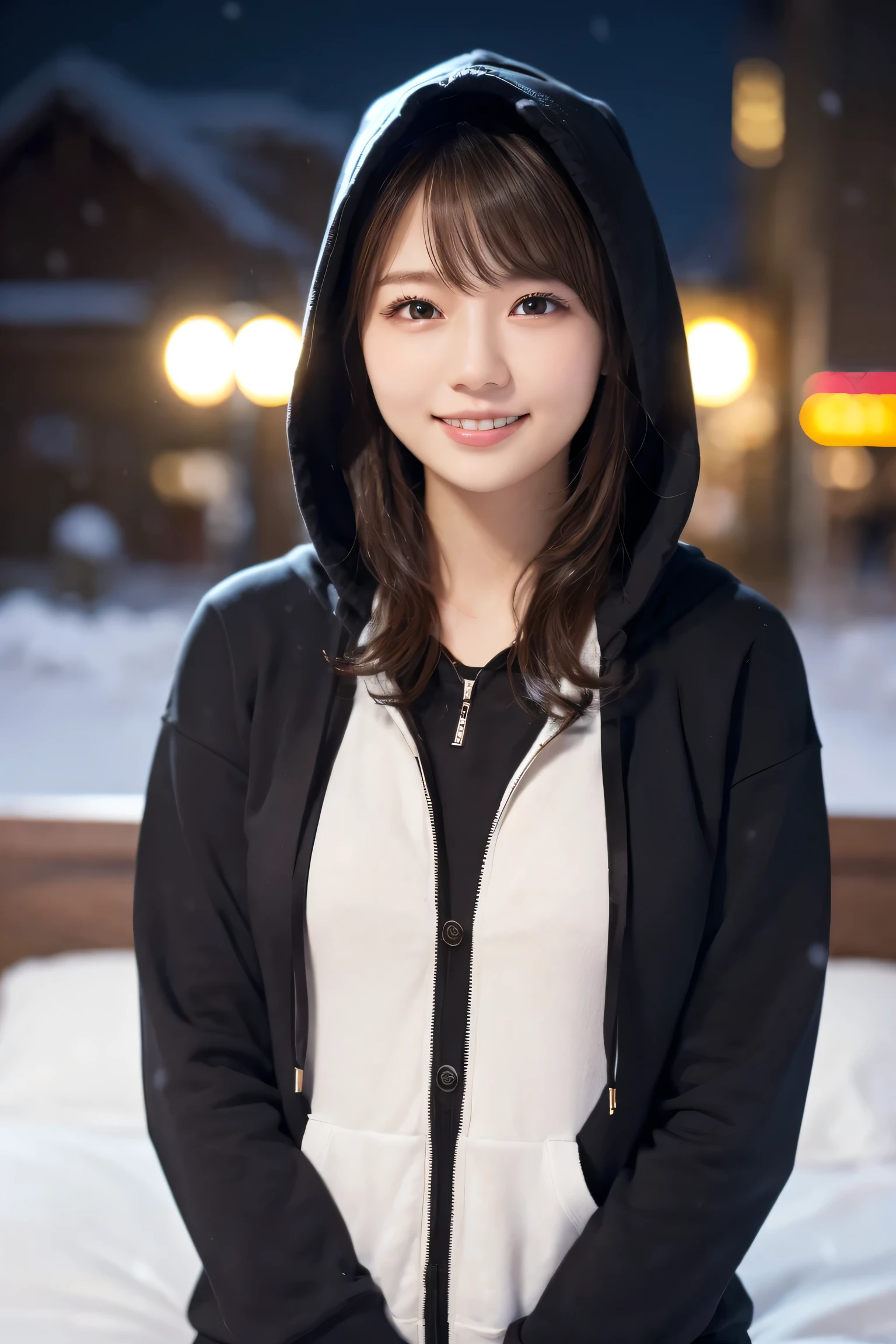 1 Girl, (Wear a black hoodie:1.2), (RAW Photos, highest qualthaty), (Realistic, Realistic:1.4), Tabletop, Very delicate and beautiful, Very detailed, 2k wallpaper, wonderful, finely, Very detailed CG Unthaty 8K wallpaper, Very detailed, High resolution, Soft Light, Beautiful detailed girl, Very detailed目と顔, Beautiful and sophisticated nose, Finely beautiful eyes, Cinema Lighting, Illuminations that light up the cthaty on a snowy night, Snow Scene, that&#39;that&#39;that&#39;it&#39;s snowing, Snow fell in my hair, Perfect Anatomy, Slender body, Was nervous, 
Straight semi-long hair, bangs, Looking at the audience, smile、Fluffy scarf、On the bed、pajamas