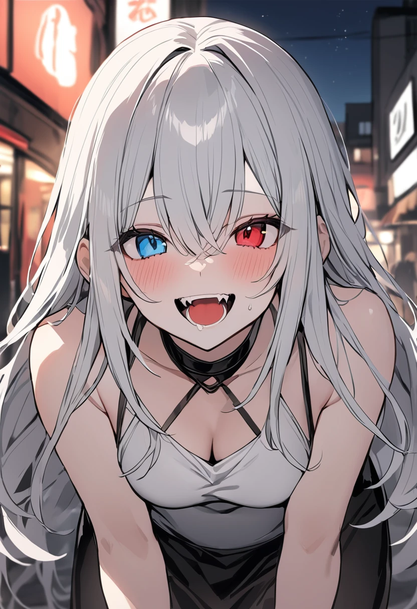 (masterpiece:1.2)、Highest quality、PIXIV、Rebellious girl、One girl、Open your mouth、鋭いteeth、teeth、Long Hair、Street background、Bright red and blue eyes、Upper Body、smile、Focus on the viewer、Chest in the center、Shoulder Bare、Belly button、Black and white hair color,leaning forward,Night view,Black and white grey outfit,Overflowing drool、saliva、White Breath、Sigh,Pull your mouth with your fingers、An excited look,fallatio,A world in black and white,heterochromia