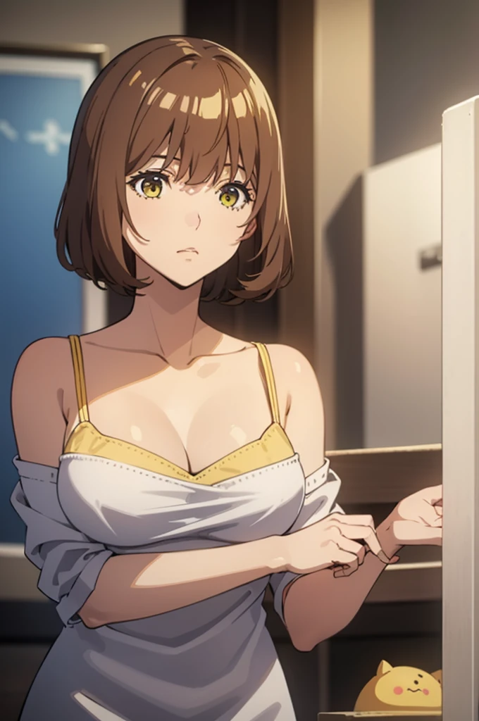 Best Quality, masutepiece, Brown hair, Yellow eyes, Yuriko Aoki, Stand in the changing room, Embarrassed look, oversized , White camisole:1.5, no-bra, Thin fabric, The upper part of the body, Close-up on the chest