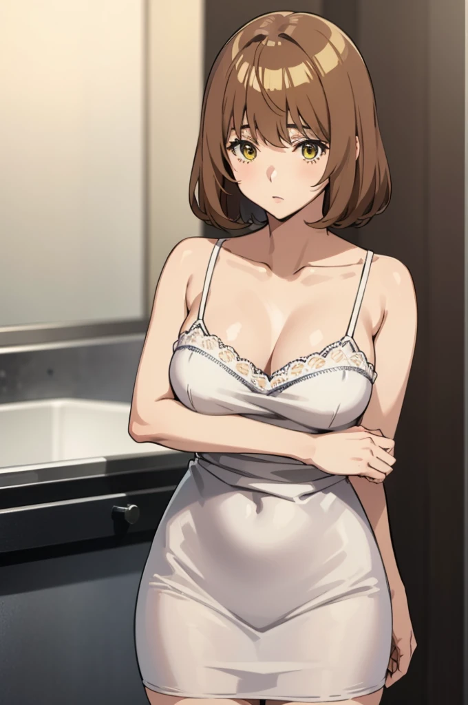 Best Quality, masutepiece, Brown hair, Yellow eyes, Yuriko Aoki, Stand in the changing room, Embarrassed look, oversized , White camisole:1.5, no-bra, Thin fabric, The upper part of the body, Close-up on the chest