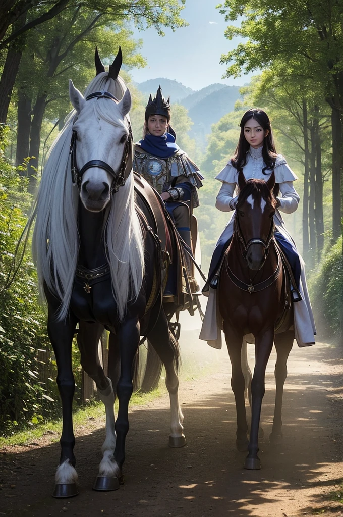 create a luxurious royal carriage with beautiful horses pulling, an escort of knights ahead, strolling along a dirt road on the edge of a beautiful lake with forest, a post-rain atmosphere softens the environment and a beautiful afternoon sun brightens the image, beauty of details, bright coloured, cinematic photo stylish fantasy film