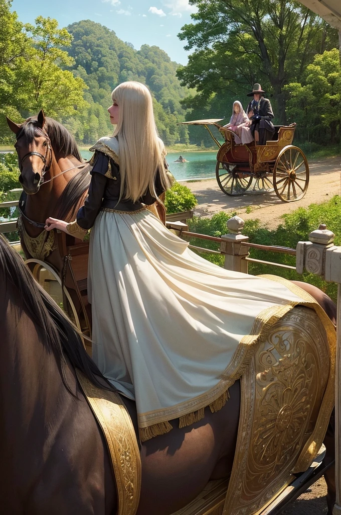 create a luxurious royal carriage with beautiful horses pulling, an escort of knights ahead, strolling along a dirt road on the edge of a beautiful lake with forest, a post-rain atmosphere softens the environment and a beautiful afternoon sun brightens the image, beauty of details, bright coloured, cinematic photo stylish fantasy film