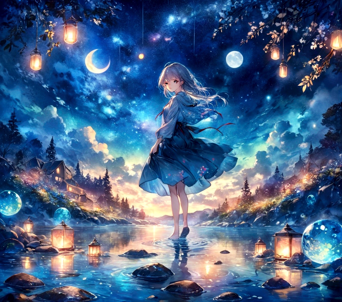 a girl standing on a rock in the middle of a river at night, beautiful anime artwork, anime art wallpaper 4 k, anime art wallpaper 4k, anime art wallpaper 8 k, beautiful anime art, a beautiful artwork illustration, anime style 4 k, anime fantasy artwork, by Yuumei, high detailed official artwork, anime girl walking on water, anime fantasy illustration