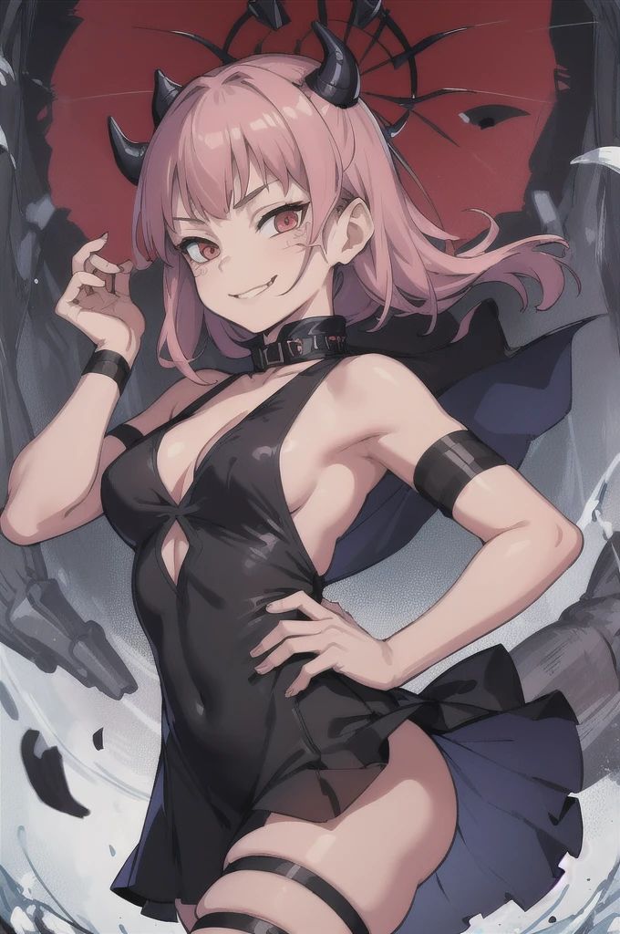 (masterpiece, best quality:1.2), cowboy shot, solo, 1girl, zenin mai, smug, evil smile, looking at viewer, , black dress, sleeveless