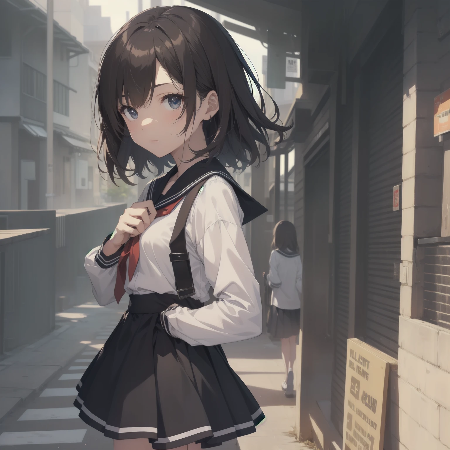 ultra-absurdres-Top quality by artist God, ultra-detailed, high resolution, anime moe artstyle, best anime 8k konachan wallpaper, pixiv contest winner, pool:2810, perfect ???????,break, 1girl, (Please draw a girl walking sleepily to school alone. )break,(Solo,little female, 13-year-old:1.3),Full limbs, complete fingers,a junior high school student, (very short hair), short cut, flat chest, , small butt, small black eyes, beautiful detailed eyes, well-proportioned iris and pupils, expressive eyes, highres detailed hair, soft expression, salor school_uniform, sailor collar, serahuku, bow, pleated skirt,(Detailed Lighting), (Detailed background), in the School commute route. break,super detailed skin, Best cinematic lighting powered by famous artist, 8k,beauty illustration,photoshop_(medium),very aesthetic,break,((artist:sincos )), artist:clamp ,artist:carnelian ,artist:kantoku ,
