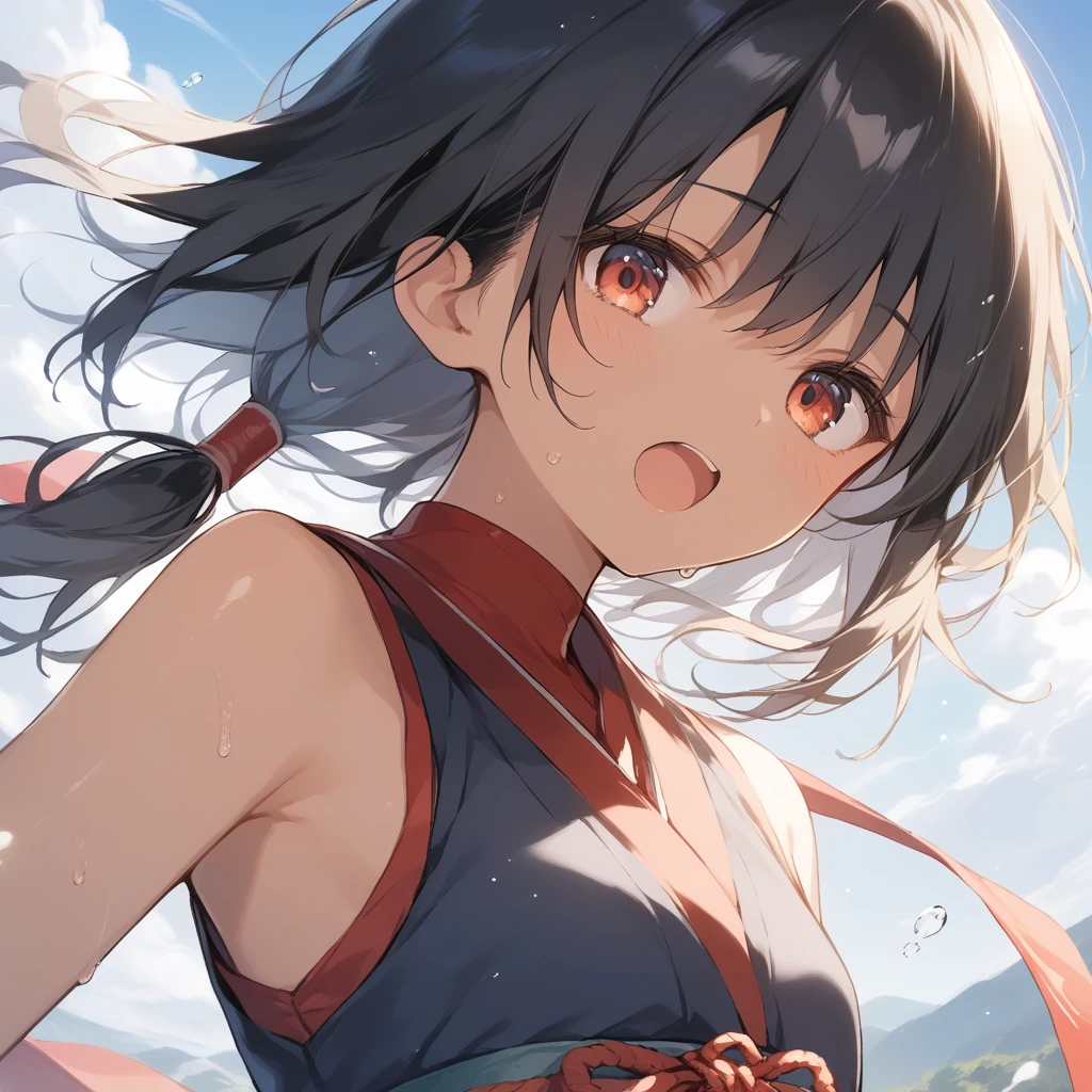 score_9, score_8_up, score_7_up, source_anime, best quality, masterpiece, official art, absurdres, highres, ultra-detailed,waifu2x,Collection: Slice of Life,break,1girl, tomboy, dark-skinned female, short hair, low ponytail, flat chest, beautiful detailed eyes, ninja, sweat, open mouth, (yawn:0.3), sleepily, outdoors, wind, break,(clear line illustration:1.2),very high resolution, very aesthetic, super detailed skin, Best sexual lighting powered by famous artist, 8k,cute picture,beauty illustration,photoshop_(medium),,(Detailed Lighting),best anime 8k konachan wallpaper, pixiv contest winner,