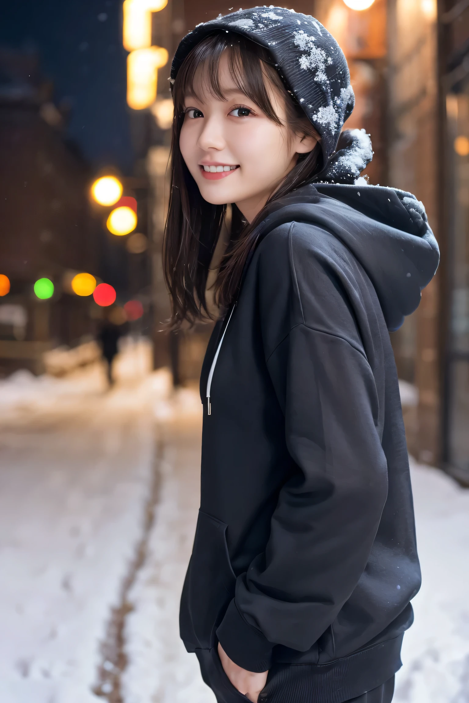 1 Girl, (Wear a black hoodie:1.2), (RAW Photos, highest qualthaty), (Realistic, Realistic:1.4), Tabletop, Very delicate and beautiful, Very detailed, 2k wallpaper, wonderful, finely, Very detailed CG Unthaty 8K wallpaper, Very detailed, High resolution, Soft Light, Beautiful detailed girl, Very detailed目と顔, Beautiful and sophisticated nose, Finely beautiful eyes, Cinema Lighting, Illuminations that light up the cthaty on a snowy night, Snow Scene, that'that'that'it's snowing, Snow fell in my hair, Perfect Anatomy, Slender body, Was nervous,
Straight semi-long hair, bangs, Looking at the audience, smile、Fluffy scarf、On the bed、pajamas