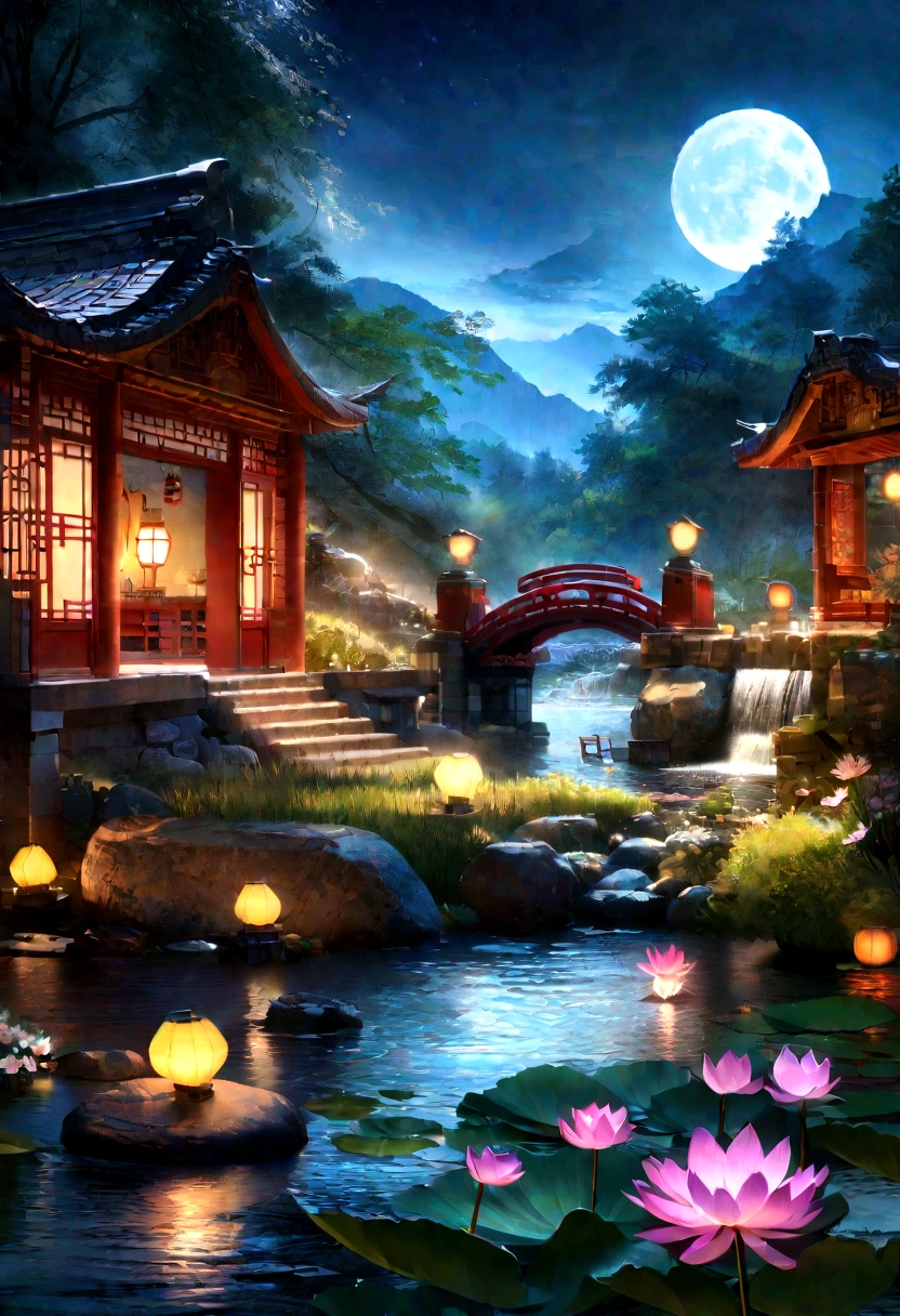 Ancient Chinese architecture, moon, Midnight, garden, bamboo, lake, stone bridge, rockery, arch, corner, wood, water flowing, landscape, Outdoor, waterfall, Grass, rock, Water Lily, hot spring, water vapor, (figure: 1.0), A magnificent composition, Realistic lighting, HD detailed, masterpiece, Highest quality, (Highly detailed CG Unity 8k) - At six o'clock