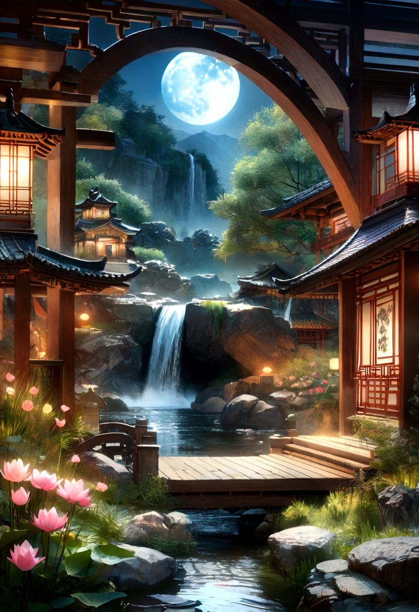 Ancient Chinese architecture, moon, Midnight, garden, bamboo, lake, stone bridge, rockery, arch, corner, wood, water flowing, landscape, Outdoor, waterfall, Grass, rock, Water Lily, hot spring, water vapor, (figure: 1.0), A magnificent composition, Realistic lighting, HD detailed, masterpiece, Highest quality, (Highly detailed CG Unity 8k) - At six o'clock