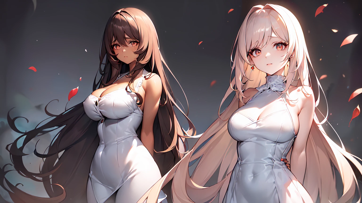 ((((Obra maestra, La mejor calidad, ultrahigh resolution)))), 1girl, standing,), ((long pure brown hair, hair over eye)), long hair cut, shiny skin, ((golden eyes)), glowing_eyes, neon eyes, (ultra detailed eyes:0.7, beautiful and detailed face, detailed eyes:0.9), ((centered)), smirk, facing viewer, ((vibrant background, dark lighting, summer, sunlight)), large chested, looking at viewer, ((half closed eyes)), ((perfect hands)), (((head:1, arms, hips in view, elbows, in view))), ((hands behind back)), empty eyes, beautiful lighting, ((outside, outdoors)), defined subject, head tilt, (((gritty)), ((creepy)), ((cool)), ((beautiful)), (((SFW))), hair ornament, petals in the air, moon in the sky, city, mature woman, adult woman, sfw, pink and white dress, night dress, she is a princess, large chest, big ,