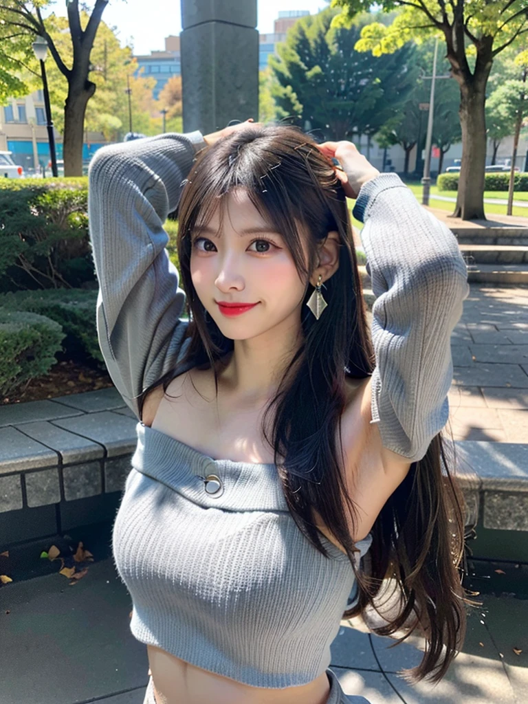 最high quality, Tabletop, High resolution, One Girl, Beautiful Face,smile,
Tyndall effect,
realism, dark, Edge lighting, Two-tone lighting, (Skin with attention to detail: 1.2),
8K UHD, Digital SLR, Soft Light, high quality, Volumetric lighting, photograph, High resolution4K, 8K,
(Beautiful idol)
Upturned eyes, Straight nose, Small face,Sharp features,Big eyes,(blush:1.4),
Detailed Background,(In public parks:1.4),
break
(Underarm,show an Underarm,Place your arms behind your head,Underarmショー:1.5),(light black hair:1.5),(Chignon Hair:1.3),(Large Breasts,Plump thighs:1.3),
(Cowboy Shot,Wide Shot:1.3),
(Long sleeve T-shirt,belly button,Off the shoulder,Rings Earrings:1.4)