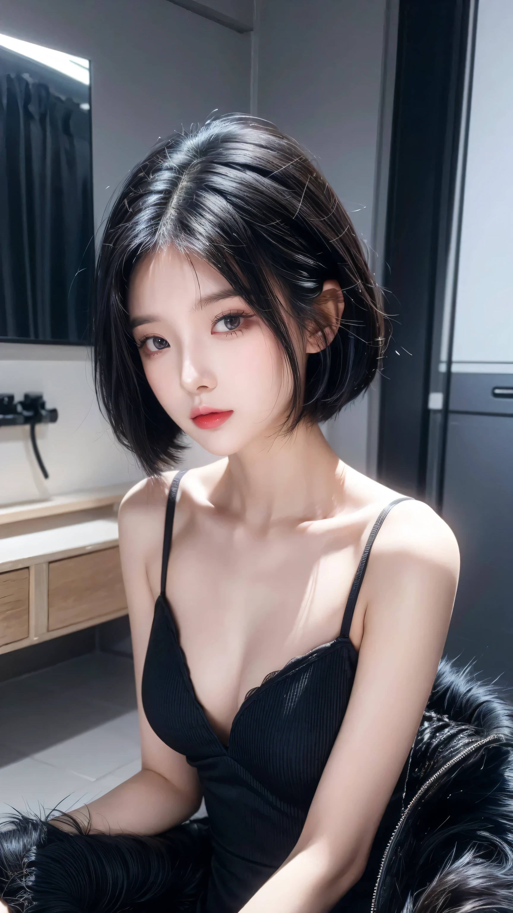 best quality, 1 Girl, dark blue hair, black eyes, Very short hair, Spiky hair, wears sweet dark red dress luxury,A cropped dress, 171 cm, Messy hair, Hair between the eyes, Tomboy, aldult, 20 years old, A sweet girl by the mountain