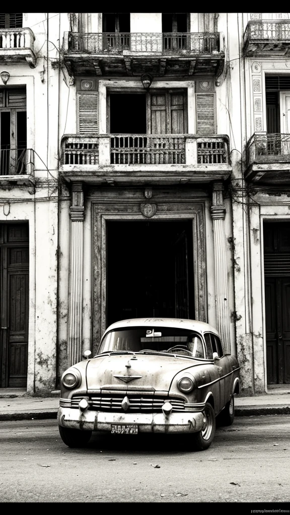 Pyrography of old car in Havana. urban landscape. monochrome. Cuban flag. Balconies