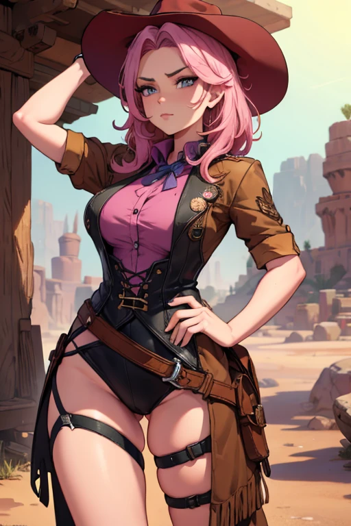 A pink haired female cowgirl with violet eyes with an hourglass figure in a conservative cowgirl outfit is posing by a flowering cactus in the desert
