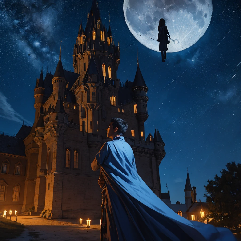 stands with his back stroking the moon with his eyes, beautiful night light, starry blue sky, castle in the distance