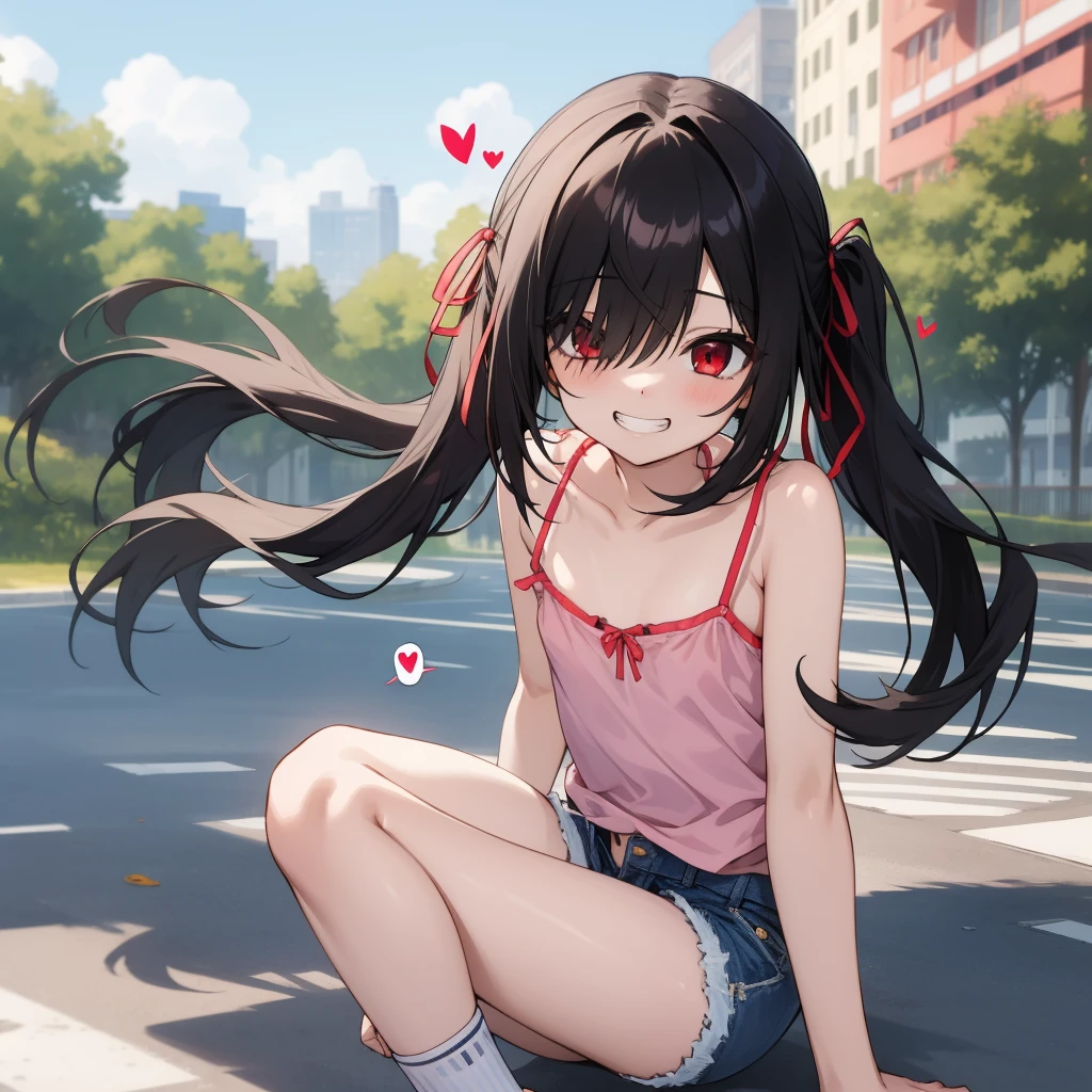 1girl,solo,,looking at viewer,tokisaki kurumi,black hair,hair over one eye,very long hair,,red eyes,,low twintails,,spoken heart,6yo,(petite),flat chest,grin,outdoor,camisole,denim shorts,socks,(nsfw)