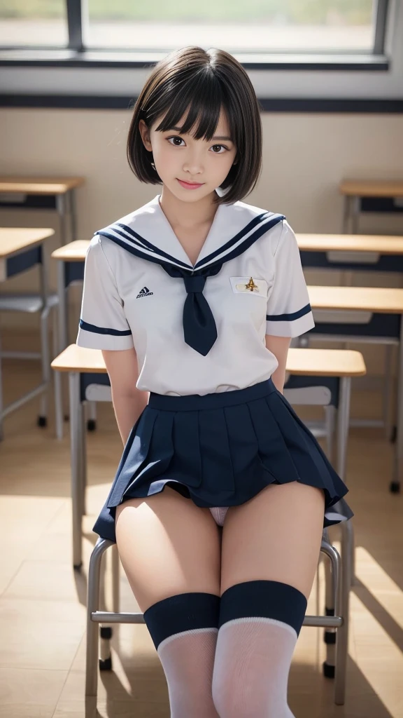 (happy expression:1.26)、RAW photo、(((Ultimate beauty full body photo shoot)))、((glowing skin))、1 girl、10 year old beautiful girl in Prague、10th generation、primary school student、young、Young Face、bright look、detailed face、bewitching、((black haired、short cut hair:1.2))、skirt、View from the floor、(Light blue and white striped long socks:1.2)、(thigh-high socks:1.2)、((sailor suit、uniform、Mini skirt:1.5))、(Micro Skirt、high waist)、(Sitting on a chair with elbows on a school desk and legs wide open:1.2)、((She opens her legs and shows me her panties.:1.5))、(see through panties:1.5)、((standing on tiptoe))、counter point shot、((super detailed))、(Perfectly detailed face)、(detailed hands)、(finger details)、(excellent human structure)、photorealistic imageasterpiece、最high quality、super detailed、film light、intricate details、High resolution、very detailed))、detailed background、8 KUHD、Digital single-lens reflex camera、soft light、high quality、film grain、Fujifilm XT3 、shallow depth of field、natural soft light、Kamimei、classroom、View from slightly below、NSFW、pantie